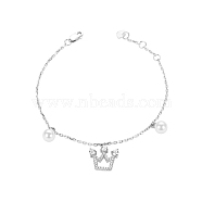 TINYSAND Trendy 925 Sterling Silver Cubic Zirconia Crown Pearl Charm Bracelet, Silver, 168.7mm(TS-B328-S)