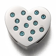 304 Stainless Steel Slide Charms, with Rhinestone, Heart, Aquamarine, Stainless Steel Color, 12x13x3.5mm, Hole: 8x1.5mm(STAS-P270-20P-02)