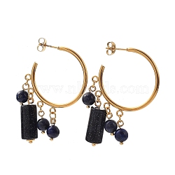 304 Stainless Steel Dangle Stud Earrings, Half Hoop Earrings, with Ear Nuts, Natural Lapis Lazuli & Synthetic Blue Goldstone Beads and Flower Alloy Spacer Beads, 33x30mm, Pin: 0.6mm(EJEW-JE04203-02)