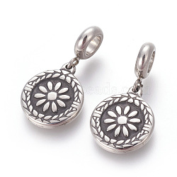 304 Stainless Steel Pendants, Large Hole Pendants, Flat Round with Flower, Antique Silver, 28.3mm, Hole: 5.3mm, Pendant: 18x15x2.3mm(STAS-E452-22AS)