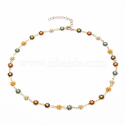 Golden Brass Flower Enamel Links Chain Necklaces, with Brass Curb Chains & Lobster Claw Clasps, Colorful, 17 inch(43.1cm)(X-NJEW-JN03171-01)
