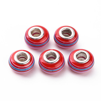 Resin European Stripe Beads, Large Hole Beads, with Silver Color Plated Brass Cores, Rondelle, Red, 14x8.5mm, Hole: 5mm