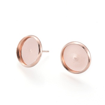 304 Stainless Steel Stud Earring Settings, Flat Round, Rose Gold, Tray: 12mm, 14mm, Pin: 0.8mm