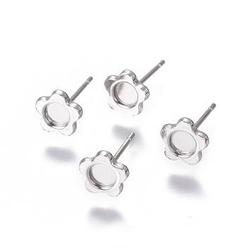 304 Stainless Steel Ear Stud Components, Flower, Stainless Steel Color, Tray: 4mm, 7mm, Pin: 0.8mm