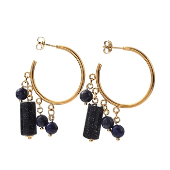 304 Stainless Steel Dangle Stud Earrings, Half Hoop Earrings, with Ear Nuts, Natural Lapis Lazuli & Synthetic Blue Goldstone Beads and Flower Alloy Spacer Beads, 33x30mm, Pin: 0.6mm