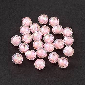 UV Plating Rainbow Iridescent Acrylic Enamel Beads, Round with Cat Paw Print, Pink, 15~16mm, Hole: 2.3mm