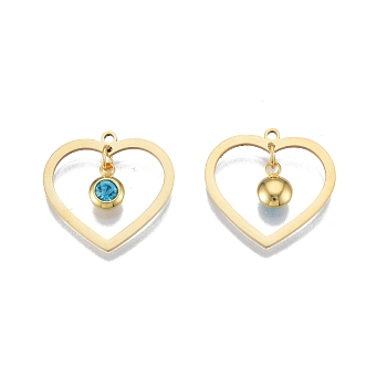 201 Stainless Steel Pendants, with Rhinestone, Heart with Flat Round, Real 18K Gold Plated, Capri Blue, 23x24x1mm, Hole: 1.6mm