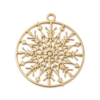 Brass Etched Metal Embellishments Connecotr Charms, Long-Lasting Plated, Flat Round with Snowflake, Light Gold, 17x15x0.3mm, Hole: 1.2mm