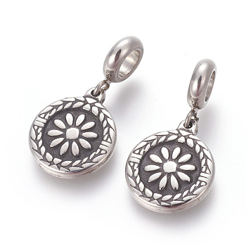 304 Stainless Steel Pendants, Large Hole Pendants, Flat Round with Flower, Antique Silver, 28.3mm, Hole: 5.3mm, Pendant: 18x15x2.3mm