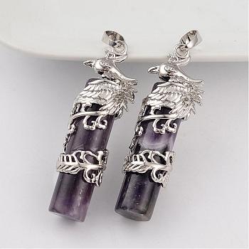 Column Natural Amethyst Pendants, with Platinum Tone Brass Findings, 49x16x13mm, Hole: 8x5mm