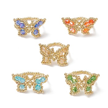 Glass Seed Beaded Butterfly Stretch Ring for Women, Mixed Color, Inner Diameter: 19mm