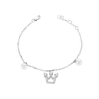 TINYSAND Trendy 925 Sterling Silver Cubic Zirconia Crown Pearl Charm Bracelet, Silver, 168.7mm