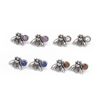 Gemstone Bee Stud Earrings, Antique Silver Alloy Earrings with Brass Pins for Women, 15.5x20.5mm, Pin: 0.8mm