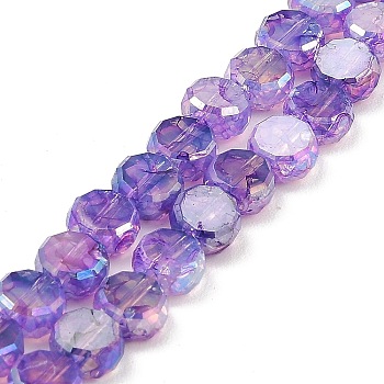 Imitation Jade Glass Beads Strands, AB Color Plated, Faceted, Flat Round, Medium Purple, 7x3.5mm, Hole: 1.4mm, about 59pcs/strand, 16.22''(41.2cm)