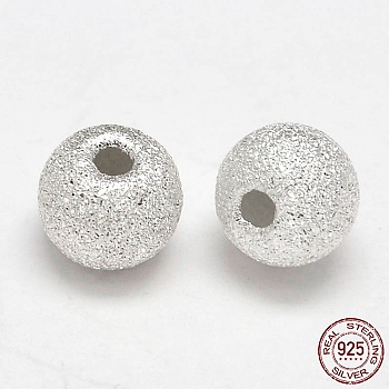 Round 925 Sterling Silver Textured Beads, Silver, 4mm, Hole: 1.2mm