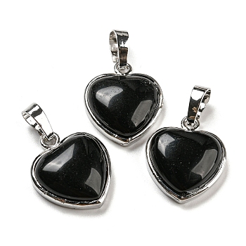 Natural Obsidian Pendants, Heart Charms with Platinum Plated Brass Snap on Bails, 20.5x17.5x7mm, Hole: 4x8mm