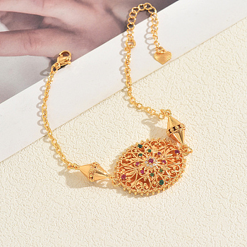 Bohemian Style Brass Micro Pave Cubic Zirconia Link Bracelets, Cable Chain Bracelets for Women, Oval with Flower, Real 18K Gold Plated, Inner Diameter: 7-1/2 inch(19cm)