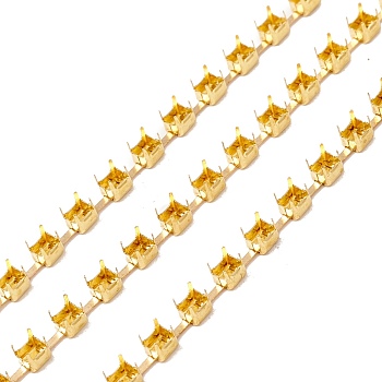 50M Rectangle Brass Rhinestone Claw Setting Chains, Golden, 2.2x2.1x2.3mm, Tray: 2x1.6mm