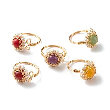 Natural Mixed Gemstone Finger Rings for Girl Women, Round Shell Pearl Beads Ring, Brass Wire Wrap Ring, Golden, US Size 7 3/4(17.9mm)