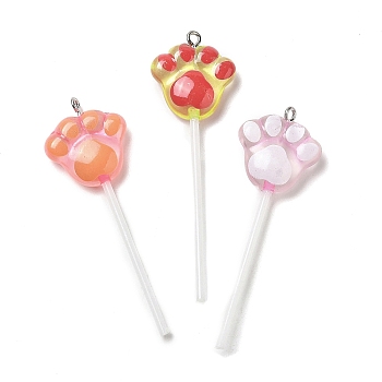 Luminous Transparent Resin Cartoon Big Pendants, with Platinum Tone Iron Loops and Plastic Bar, Lollipop Charms, Mixed Color, Paw Print, 60.5x20x7mm, Hole: 2mm