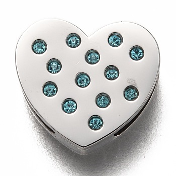 304 Stainless Steel Slide Charms, with Rhinestone, Heart, Aquamarine, Stainless Steel Color, 12x13x3.5mm, Hole: 8x1.5mm