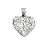 304 Stainless Steel Pendants, with 201 Stainless Steel Snap on Bails, Heart with Flower Charms, Stainless Steel Color, 22.5x20.5x2.5mm, Hole: 6.5x3.5mm(SA-CBA34D4-01A-P)
