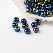 6/0 Grade A Round Glass Seed Beads, Metallic Colours Iris, Blue Plated, 6/0, 4x3mm, Hole: 1mm, about 4800pcs/pound(SEED-A022-F6-603)