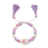 Natual Shell with Evil Eye & Pearl Braided Bead Bracelet, Heishi Beads Bracelet with Double Tassel Charm for Women, Medium Orchid, Inner Diameter: 2-1/8~ 3-1/8 inch(5.4~8cm)(BJEW-TA00049-03)