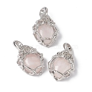 Natural Rose Quartz Pendants, Oval Charms, with Platinum Tone Brass Rose Findings, Cadmium Free & Nickel Free & Lead Free, 25~26x19~19.5x9~9.5mm, Hole: 7.5x5.5mm(G-P484-03P-08)