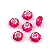 Baking Paint Transparent Glass European Beads, Large Hole Beads, with Brass Cores, Faceted, Rondelle, Deep Pink, 13.5~14x9~9.5mm, Hole: 5mm(GPDL-N004-C14mm-B03)