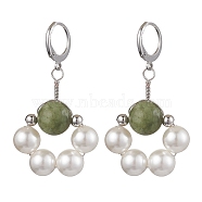 Shell Pearl & Taiwan Jade Leverback Earrings, with 304 Stainless Steel Earring Hooks, Flower, Stainless Steel Color, 45x25mm(EJEW-JE05927-01)