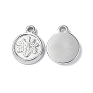 304 Stainless Steel Charms, Flat Round with Leaf Charm, Stainless Steel Color, 13.5x11x2mm, Hole: 1.5mm(STAS-C066-18P)