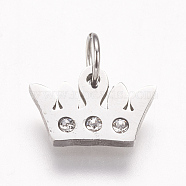 316 Surgical Stainless Steel Charms, with Rhinestone, Crown Pendants, Stainless Steel Color, 7.5x12x1.5mm, Hole: 3.5mm(KK-I612-05P)