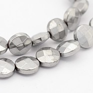 Electroplate Non-magnetic Synthetic Hematite Bead Strands, Faceted Flat Round, Platinum Plated, 8x4mm, Hole: 1mm, about 48pcs/strand, 15.1 inch(G-J286-11)