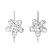 Brass Pave Clear Cubic Zirconia Stud Earring Findings, with Loop, Flower, Platinum, 9x7.5mm, Hole: 1.2mm, Pin: 0.5mm(KK-F875-08P)