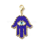 Braided Japanese Seed Beaded Pendant Decoration, Lobster Clasps Charms, Clip-on Charms, for Keychain, Purse, Backpack Ornament, Hamsa Hand/Hand of Miriam with Evil Eye, Dark Blue, 4.7cm(HJEW-MZ00001)