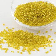 12/0 Glass Seed Beads, Silver Lined Round Hole, Round, Yellow, 2mm, Hole: 1mm, about 3306pcs/50g(X-SEED-A005-2mm-30)