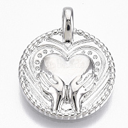 Brass Pendants, Nickel Free, Flat Round, Hands Hold Heart, for Mother's Day, Real Platinum Plated, 21x17x4.5mm, Hole: 2.8mm(KK-N232-15P-NF)