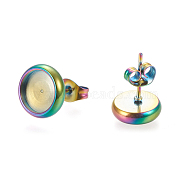 Ion Plating(IP) 304 Stainless Steel Stud Earring Settings, with Ear Nuts, Flat Round, Rainbow Color, 10.5mm, Pin: 0.8mm, Tray: 8mm(STAS-K202-05C-M)
