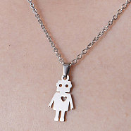 201 Stainless Steel Robot with Heart Pendant Necklace, Stainless Steel Color, 450mm(NJEW-OY001-04)