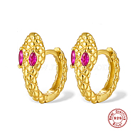Snake Shape Real 18K Gold Plated 925 Sterling Sliver Micro Pave Cubic Zirconia Hoop Earrings, Fuchsia, 14x12mm(DI7310-4)