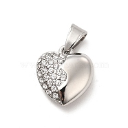 304 Stainless Steel Pendants, with Crystal Rhinestone, Heart Charms, Stainless Steel Color, 18.5x17x7.5mm, Hole: 7x4.5mm(STAS-K243-26P)
