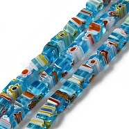 Handmade Millefiori Glass Beads Strands, Cuboid, Deep Sky Blue, 5~6x4x3.5~4mm, Hole: 1mm, about 64pcs/strand, 14.88''(37.8cm)(LAMP-F026-01B)