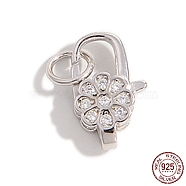Rhodium Plated 925 Sterling Silver Micro Pave Cubic Zirconia Lobster Claw Clasps, with Jump Ring, Flower, Real Platinum Plated, 12x7.5x3.5mm, Hole: 3.4mm(STER-Z005-07P)