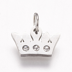 316 Surgical Stainless Steel Charms, with Rhinestone, Crown Pendants, Stainless Steel Color, 7.5x12x1.5mm, Hole: 3.5mm(KK-I612-05P)