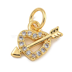 Rack Plating Brass Micro Pave Clear Cubic Zirconia Charms, Lead Free & Cadmium Free, Long-Lasting Plated, Heart with Arrow, Real 18K Gold Plated, 9.5x11.5x2mm, Hole: 3.5mm(KK-U030-25G)