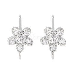 Brass Pave Clear Cubic Zirconia Stud Earring Findings, with Loop, Flower, Platinum, 9x7.5mm, Hole: 1.2mm, Pin: 0.5mm(KK-F875-08P)