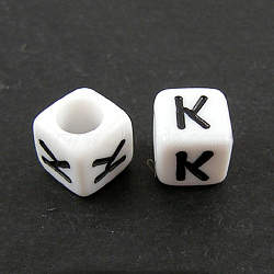 Letter Acrylic European Beads, Horizontal Hole, Cube, Letter.K, 10x10x10mm, Hole: 3.5~4mm, about 598pcs/500g(OPDL-R050-10mm-K)