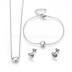 304 Stainless Steel Jewelry Sets, Pendant Necklaces & Stud Earrings & Bracelets, Heart, Stainless Steel Color, 16.93 inch(43cm), 6-3/4 inch(17cm), 7x9x2.5mm, Pin: 0.8mm(SJEW-H144-23P)