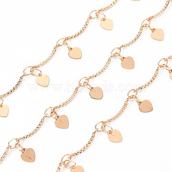 Handmade Brass Bar Scalloped Bar Chain, Soldered, Textured, with Spool, Heart, Real 18K Gold Plated, 12.5x1.5x2mm and 3.8x2.5x0.3mm, about 16.4 Feet(5m)/roll(CHC-S012-093)